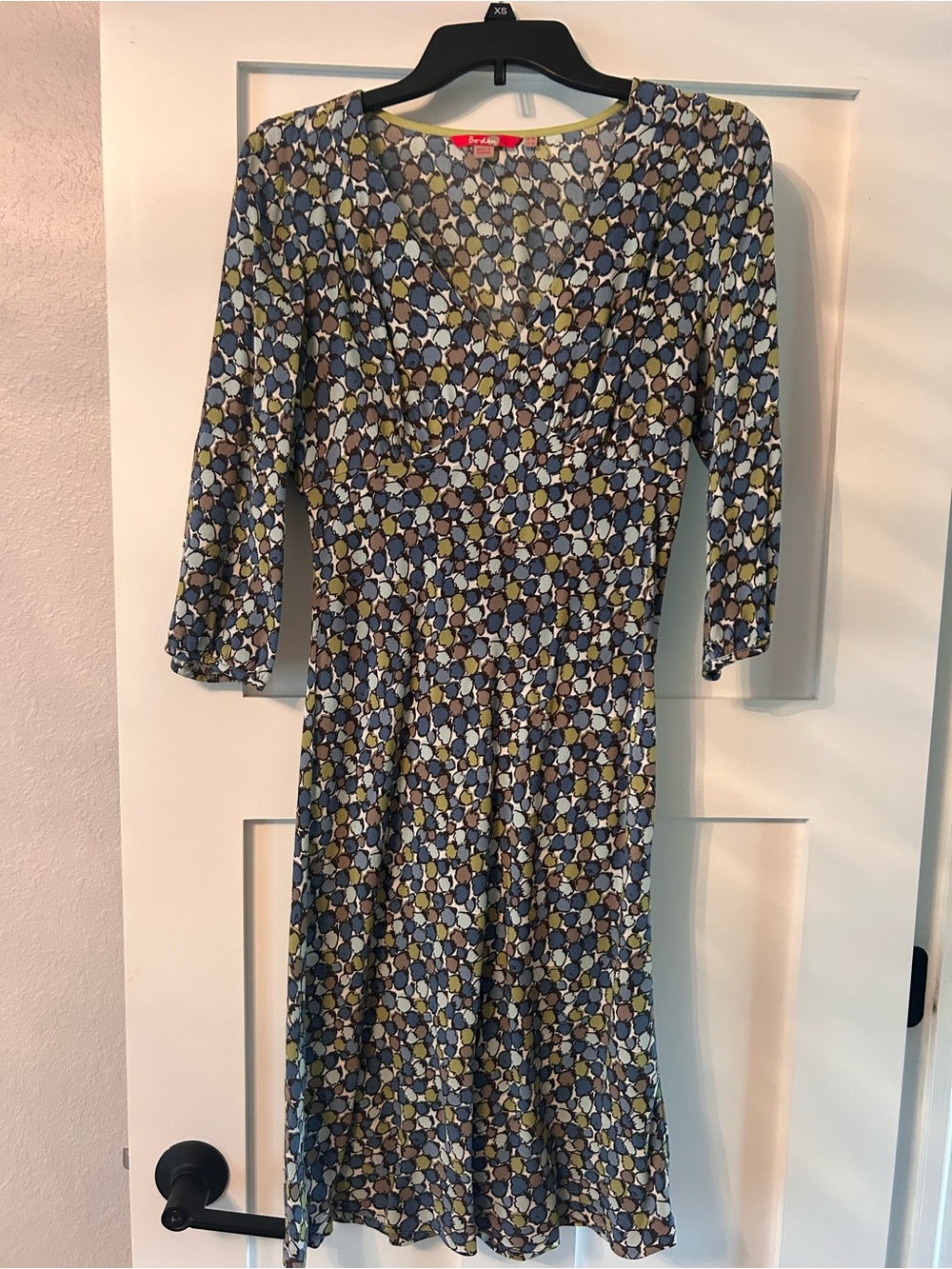Boden Long-Sleeve Printed Wrap Dress in Blue, Olive and Cream